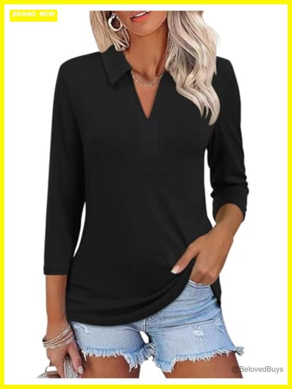 Women's 3/4 Sleeve V-Neck Collared Polo Shirt Business Casual Work Top